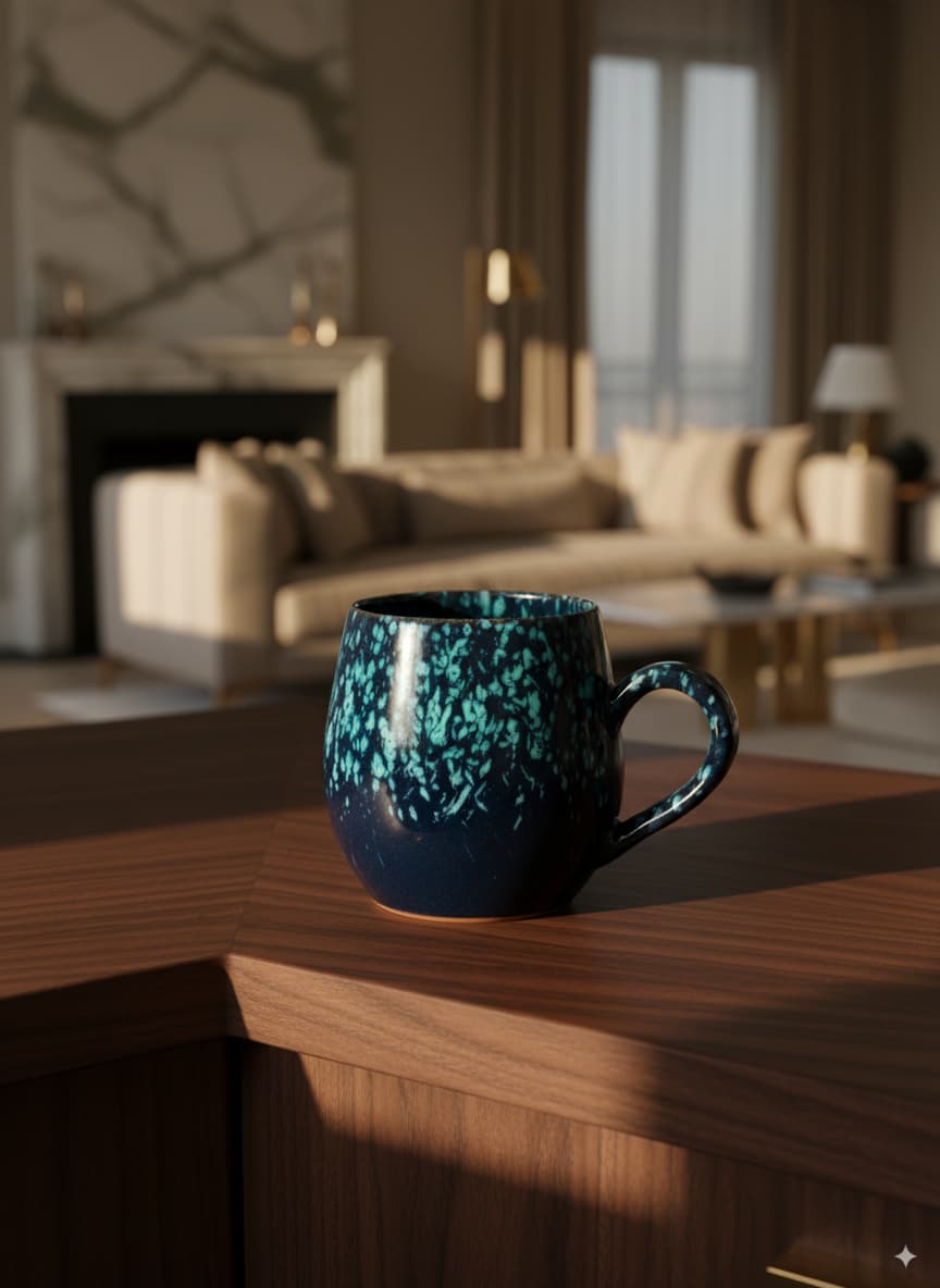 Artisanal CasaHome mug featuring a stunning, deep blue and vibrant teal kiln-fired finish.