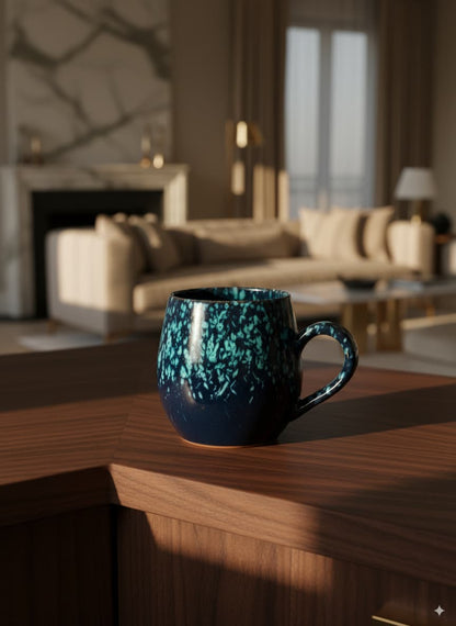 Artisanal CasaHome mug featuring a stunning, deep blue and vibrant teal kiln-fired finish.