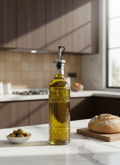 A beautiful glass bottle for serving olive oil or vinegar on an Egyptian family dining table.
