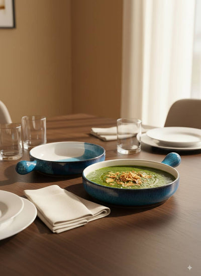 Artisan ceramic serving dishes perfect for serving Egyptian family meals like mezze and molokhia.