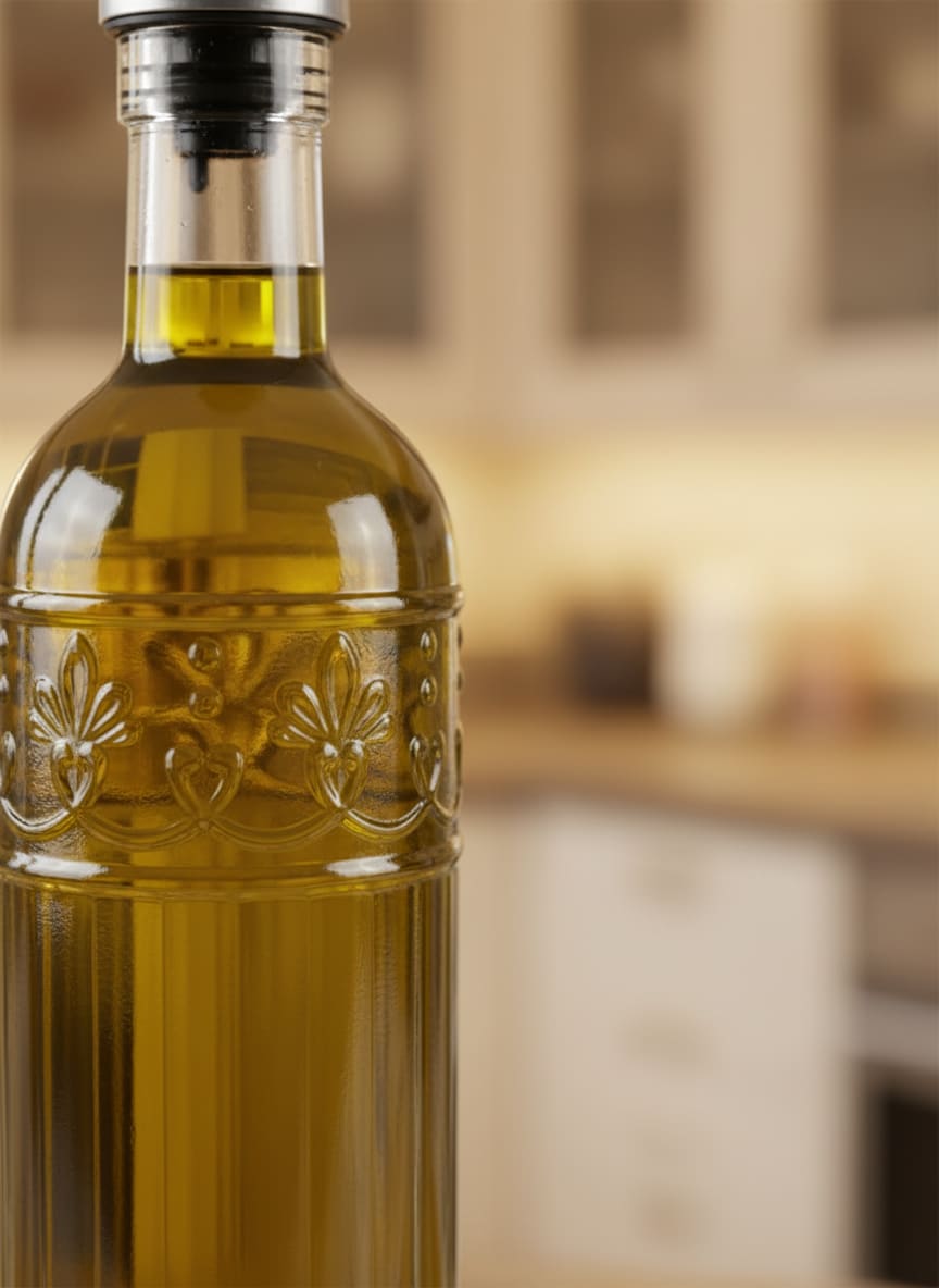 Close-up of the durable stainless steel pourer and secure seal on the glass oil bottle.