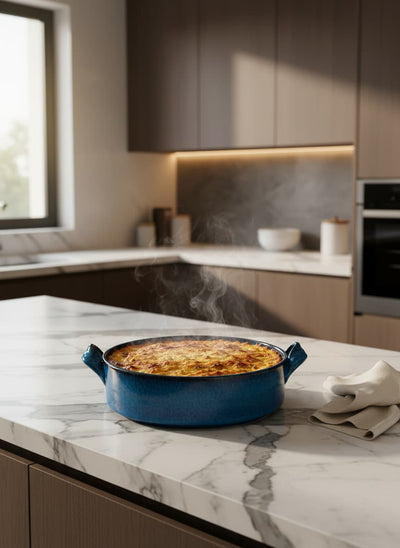 Vibrant Blue Ceramic Round Baking Dish with Handles