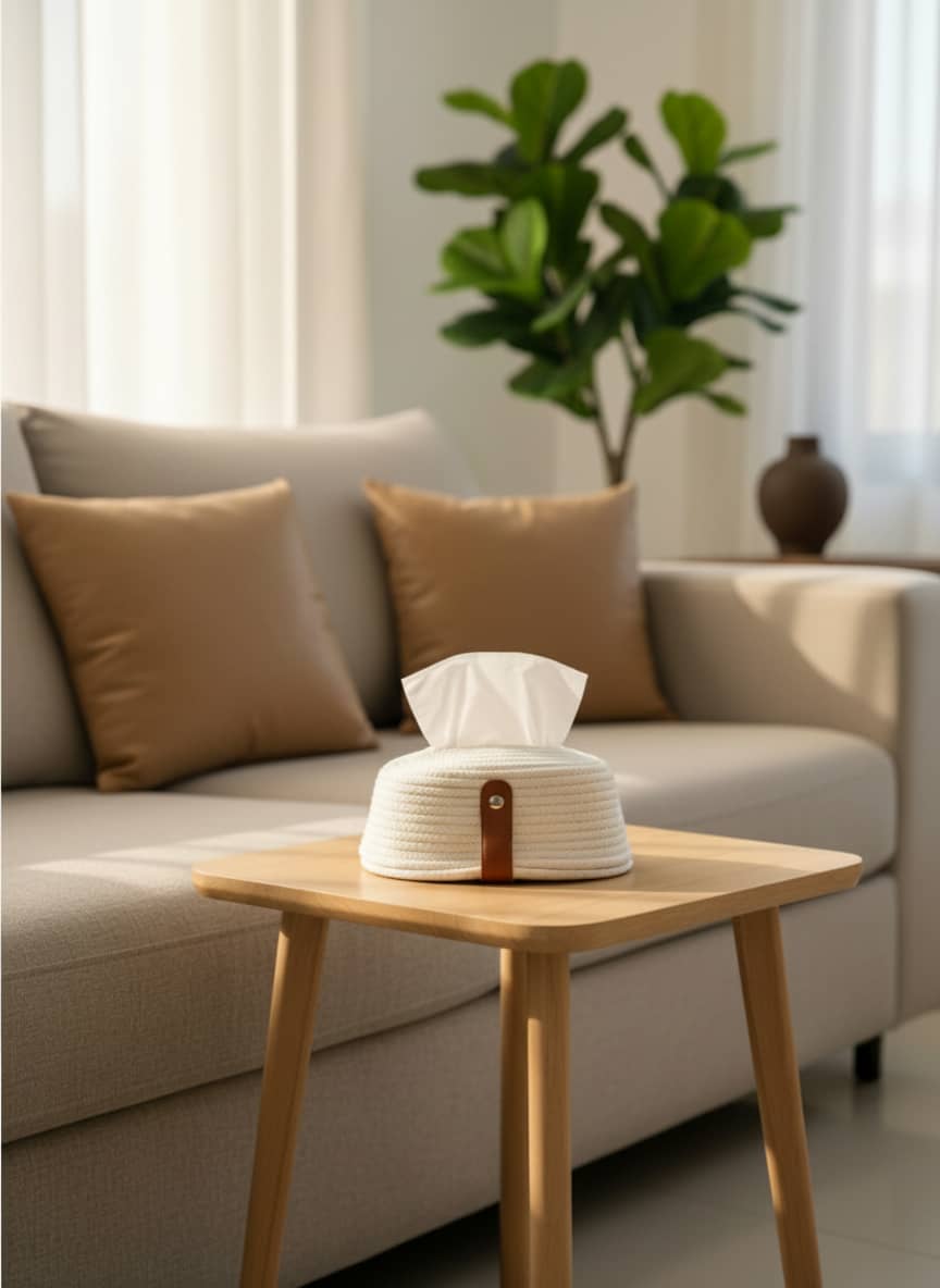 Elegant Macrame Tissue Box Cover with Leather Accent