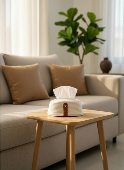 Elegant Macrame Tissue Box Cover with Leather Accent