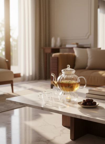 Elegant glass teapot and warmer set, perfect for serving traditional Egyptian tea to family and guests.