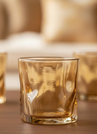 Close-up of the thick, durable amber glass and intricate twisted texture of a 200ml tea cup.