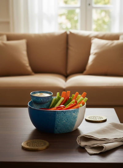 Elegant ceramic snack bowl perfect for serving chips and tahini at family gatherings in Egypt.