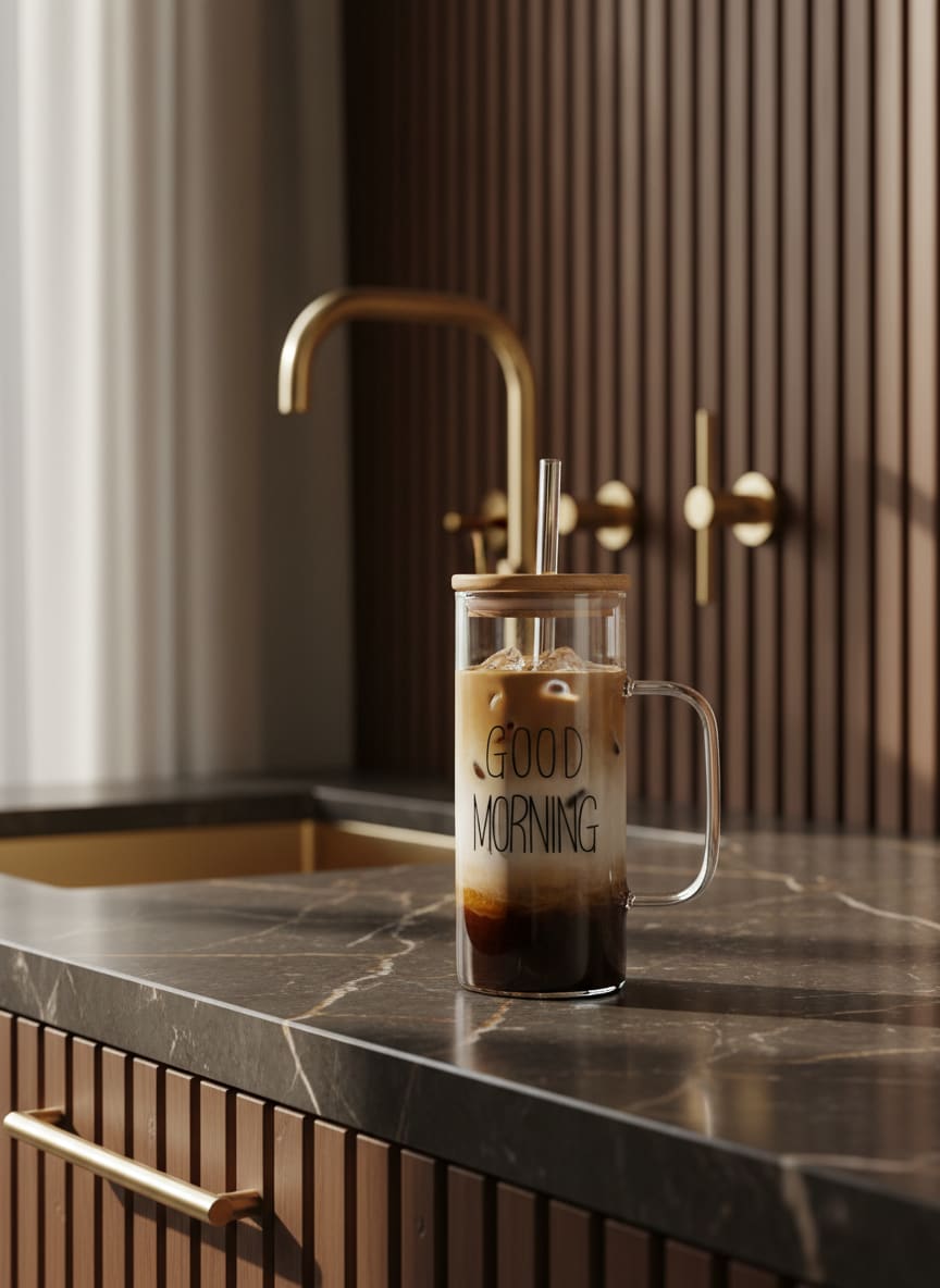 Elegant 450ml borosilicate glass mug featuring a natural bamboo lid, a chic addition to any modern Egyptian kitchen.