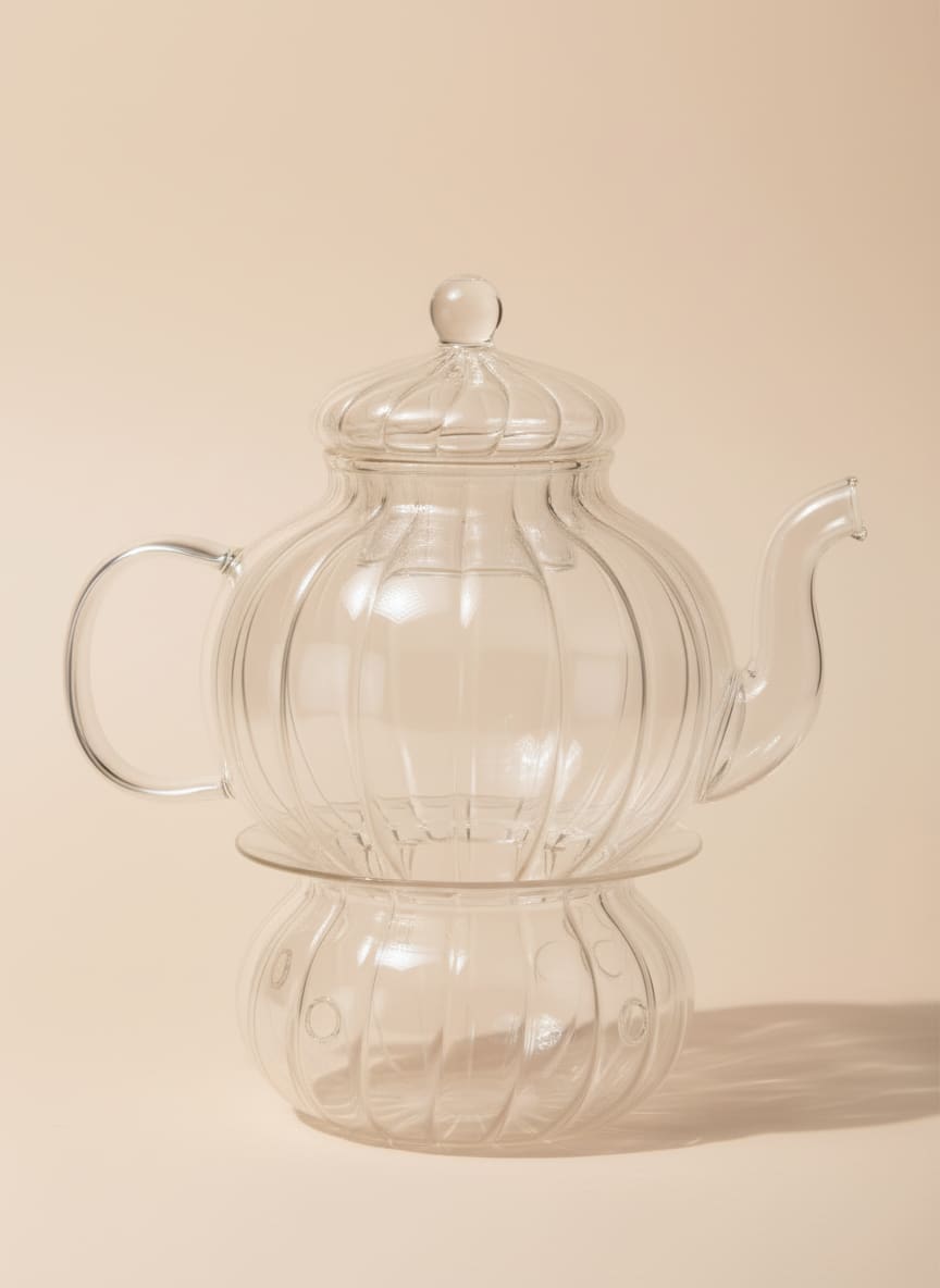 Ribbed glass teapot with matching warmer base, 600ml capacity, made from clear borosilicate glass.
