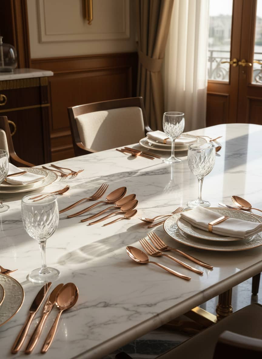 A premium high-quality polished cutlery set in a sophisticated black and gold presentation gift box.