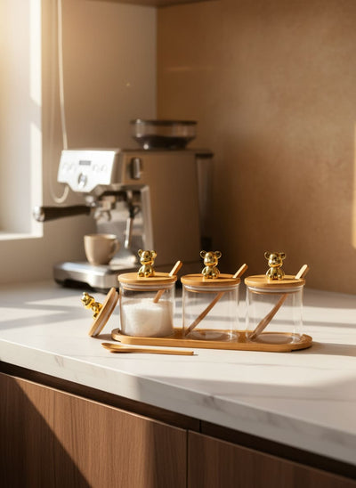 Organize your kitchen counter with a stylish bamboo and glass spice jar set, perfect for sugar, salt, and coffee.