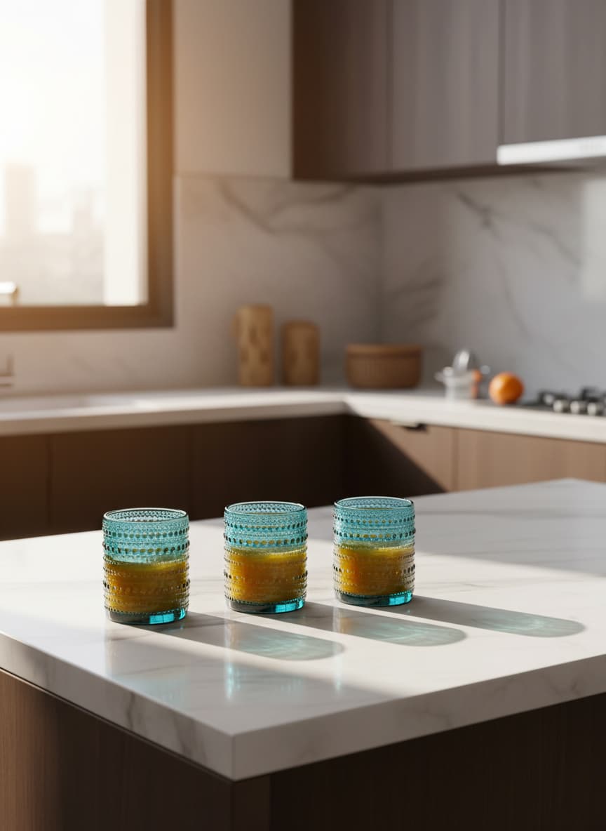 Elegant turquoise drinking glasses, perfect for serving fresh juice at family gatherings in Egypt.