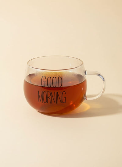 Good Morning glass tea cup 450ml with green liquid inside, perfect for Egyptian tea.