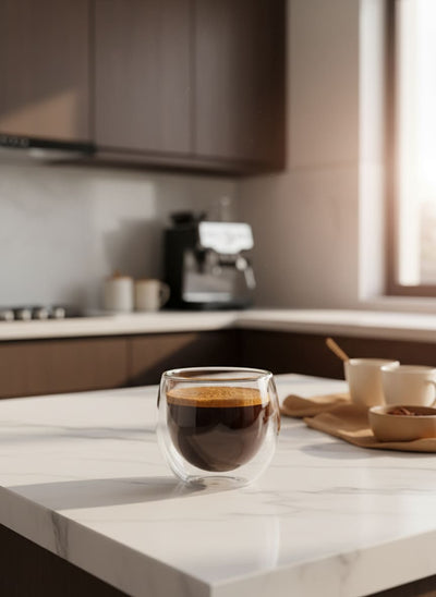Elegant double-wall glass cup keeping tea warm for a relaxing morning in Cairo.