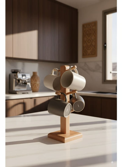 Elegant wooden cup stand organizing a modern Egyptian kitchen coffee corner.
