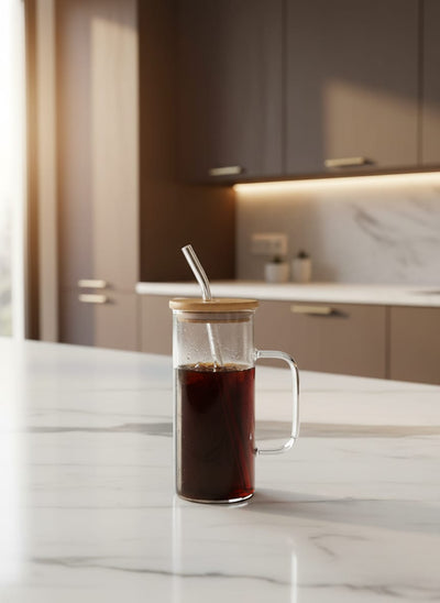 Enjoying a refreshing morning smoothie in an eco-friendly Good Morning glass mug, perfect for a healthy start in Egypt.
