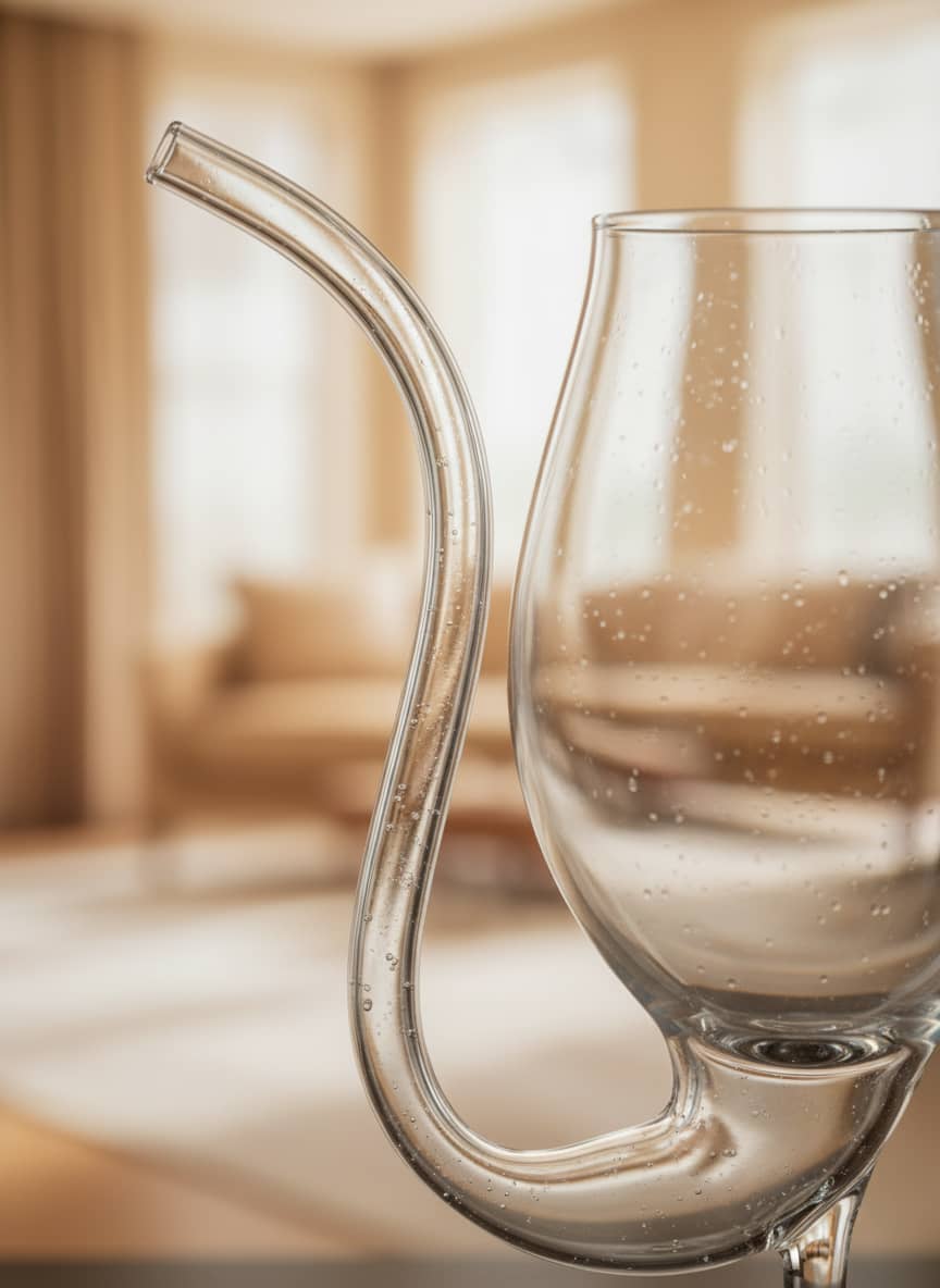 Close-up of the smooth, integrated glass straw and sturdy footed base, highlighting the high-quality craftsmanship.
