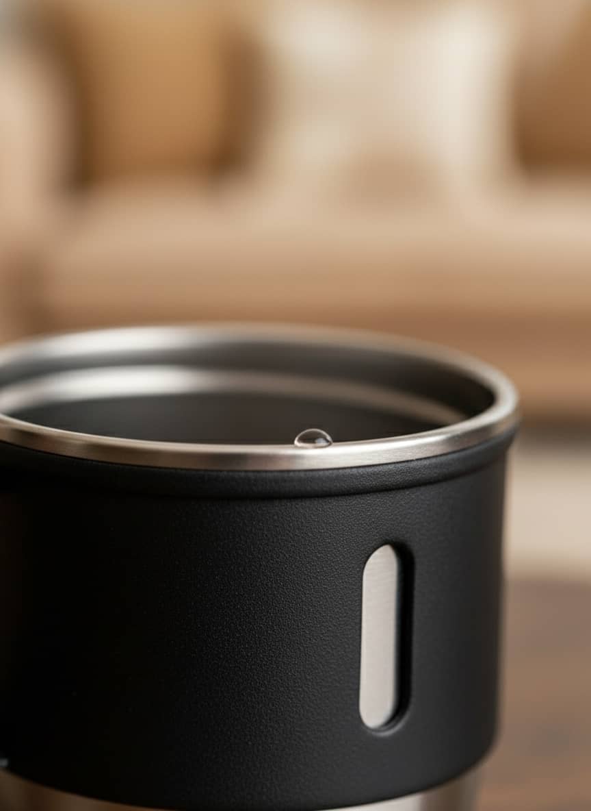 Close-up of the durable, leak-proof stainless steel lid and matching travel cup.