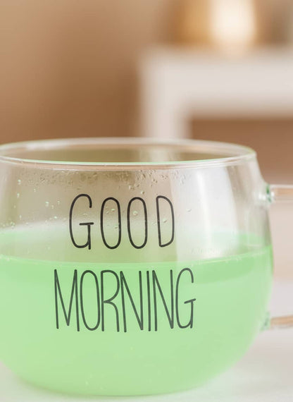 Close-up of the durable, heat-resistant glass and comfortable handle on the tea cup.