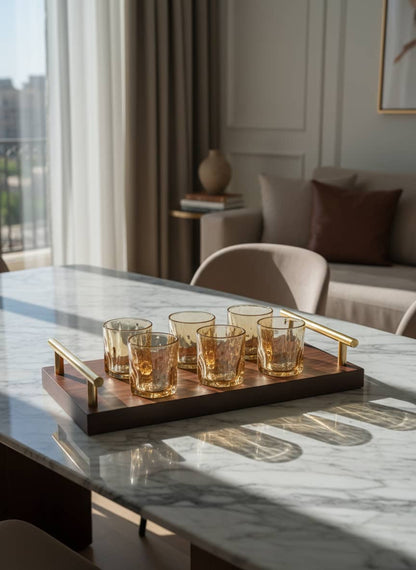 Artisan-crafted amber glass tea set featuring a sophisticated hand-blown swirl design for a premium feel.