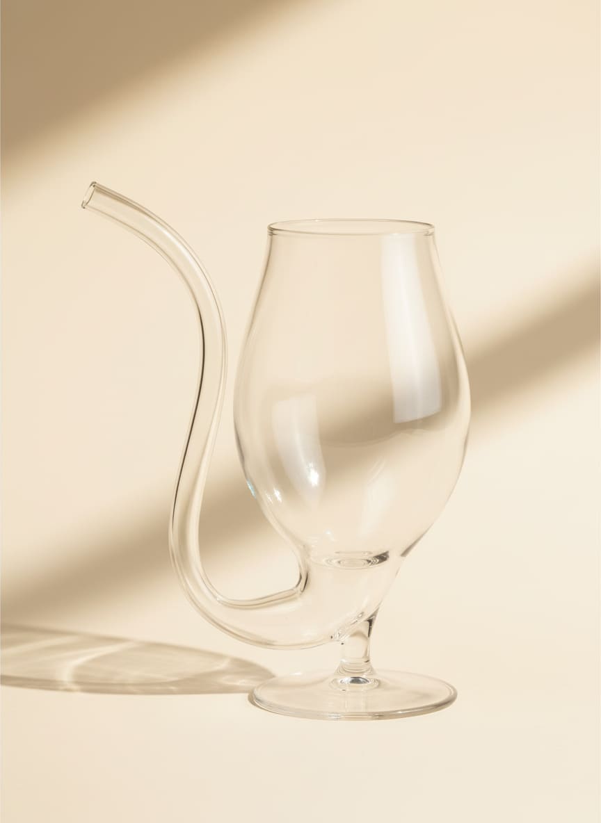 Novelty glass sipper with a unique built-in curved straw, standing on a stable footed base against a white background.