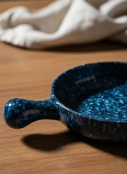 3-Piece Speckled Blue Pottery Serving Set with Handles