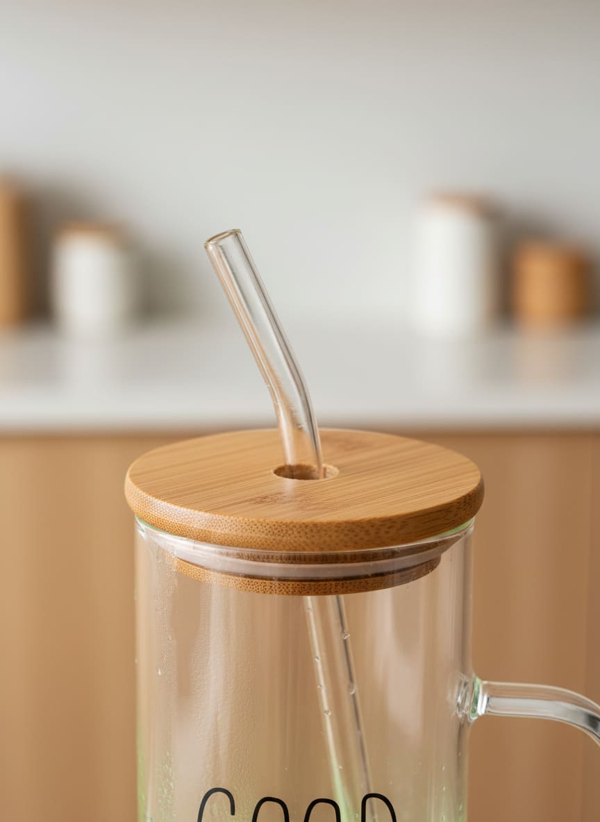 Close-up of the leak-proof natural bamboo lid and clear glass straw on the Good Morning coffee mug.