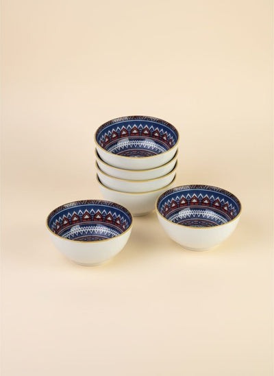 Set of 6 bohemian pattern porcelain bowls with gold rims, perfect for rice and soup.