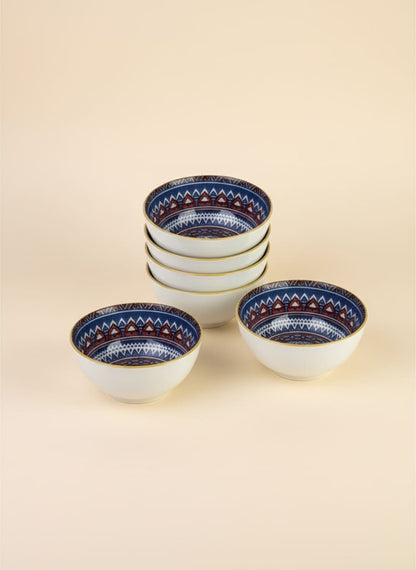 Set of 6 bohemian pattern porcelain bowls with gold rims, perfect for rice and soup.