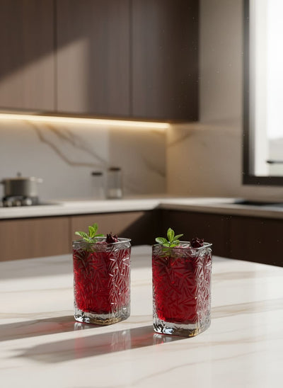 Modern square drinking glasses perfect for serving fresh juice or water in an elegant Egyptian home setting.