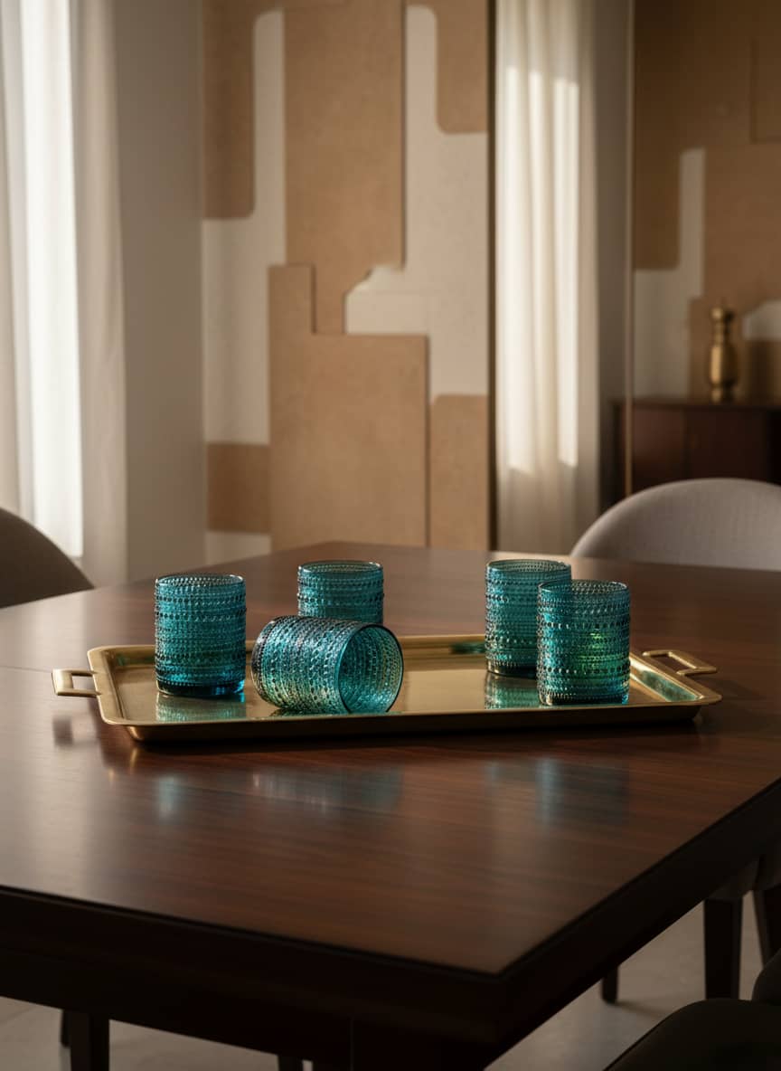 Luxurious CasaHome tempered glass tumblers in a rich turquoise hue with an intricate tactile design.
