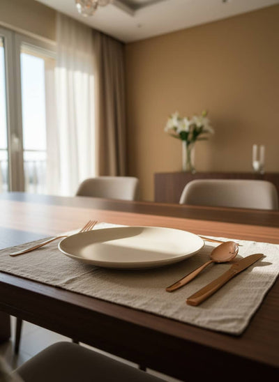Elegant rose gold flatware set arranged for a luxury dining experience at a family dinner.